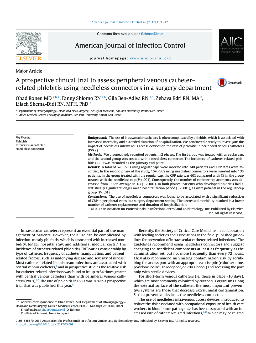 A prospective clinical trial to assess peripheral venous catheter-related phlebitis using needleless connectors in a surgery department