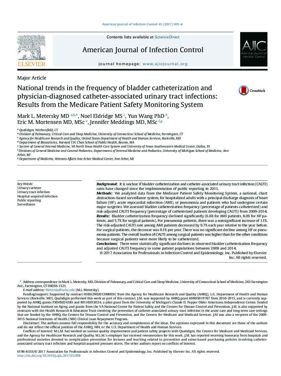 National trends in the frequency of bladder catheterization and physician-diagnosed catheter-associated urinary tract infections: Results from the Medicare Patient Safety Monitoring System