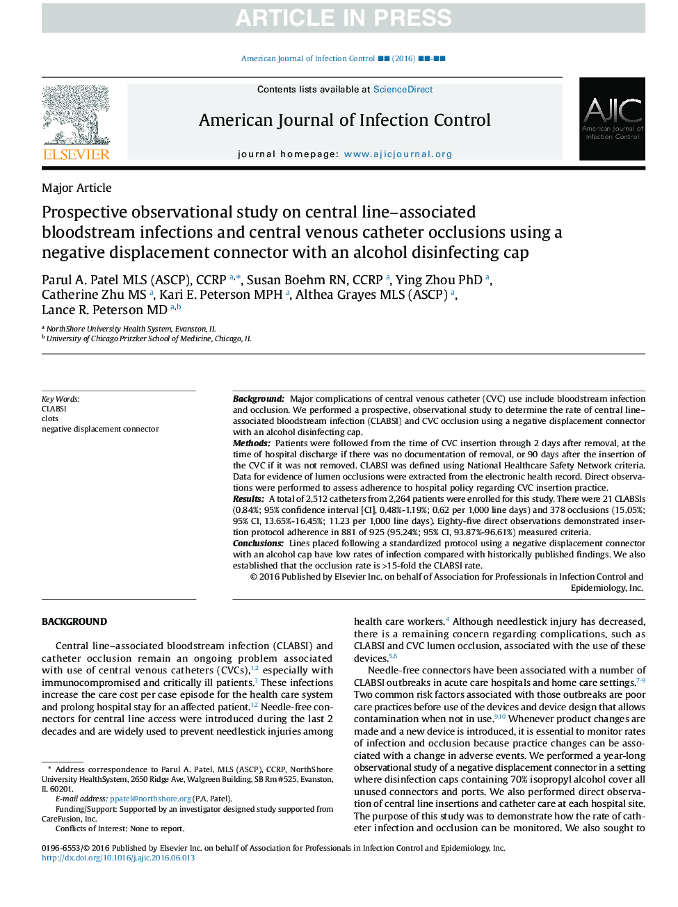 Prospective observational study on central line-associated bloodstream infections and central venous catheter occlusions using a negative displacement connector with an alcohol disinfecting cap