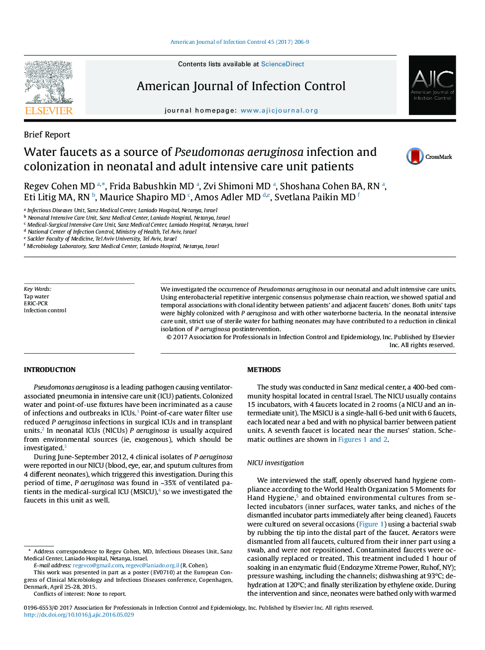 Water faucets as a source of Pseudomonas aeruginosa infection and colonization in neonatal and adult intensive care unit patients