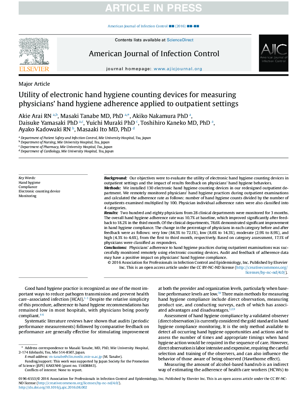 Utility of electronic hand hygiene counting devices for measuring physicians' hand hygiene adherence applied to outpatient settings