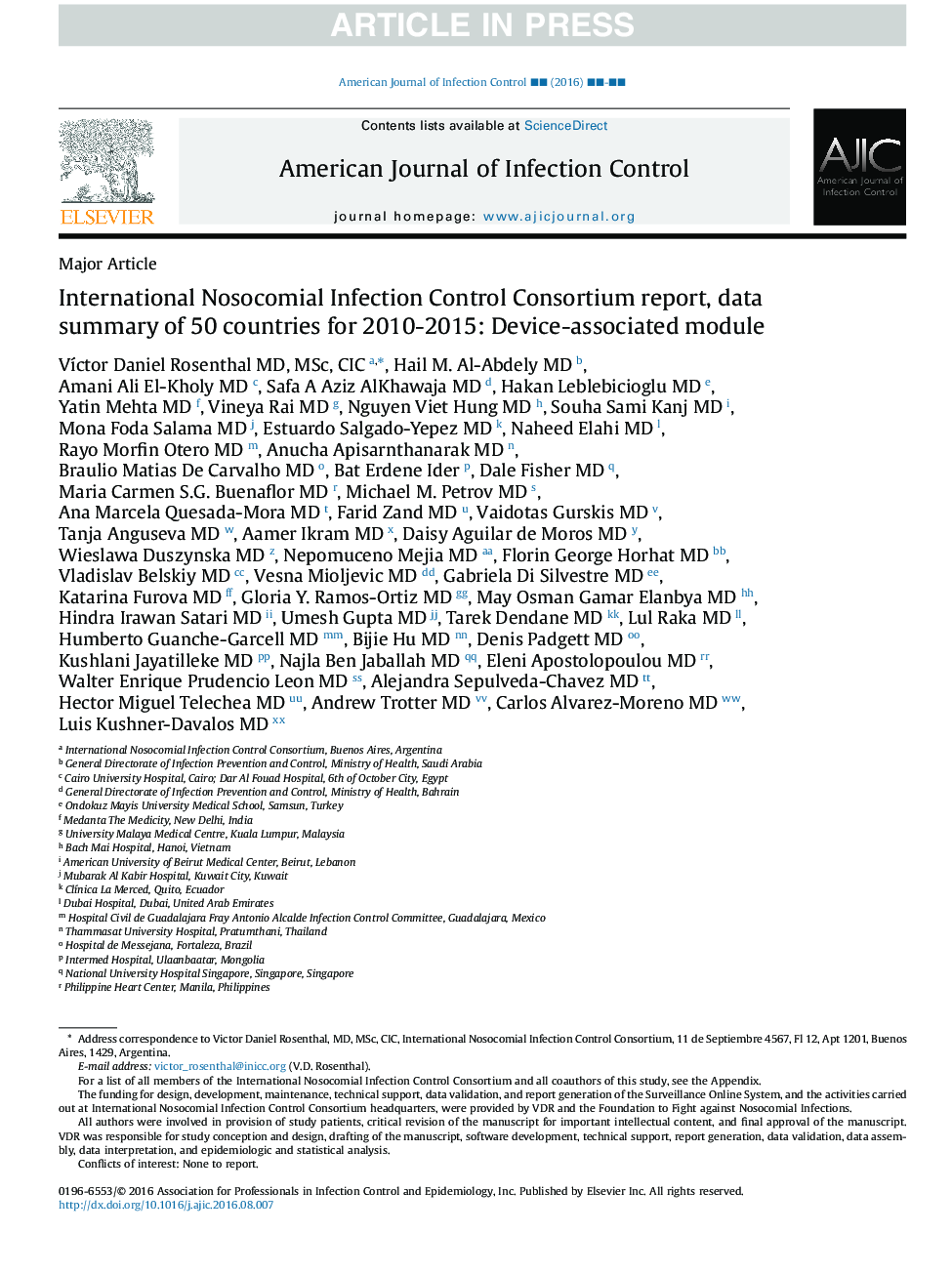 International Nosocomial Infection Control Consortium report, data summary of 50 countries for 2010-2015: Device-associated module