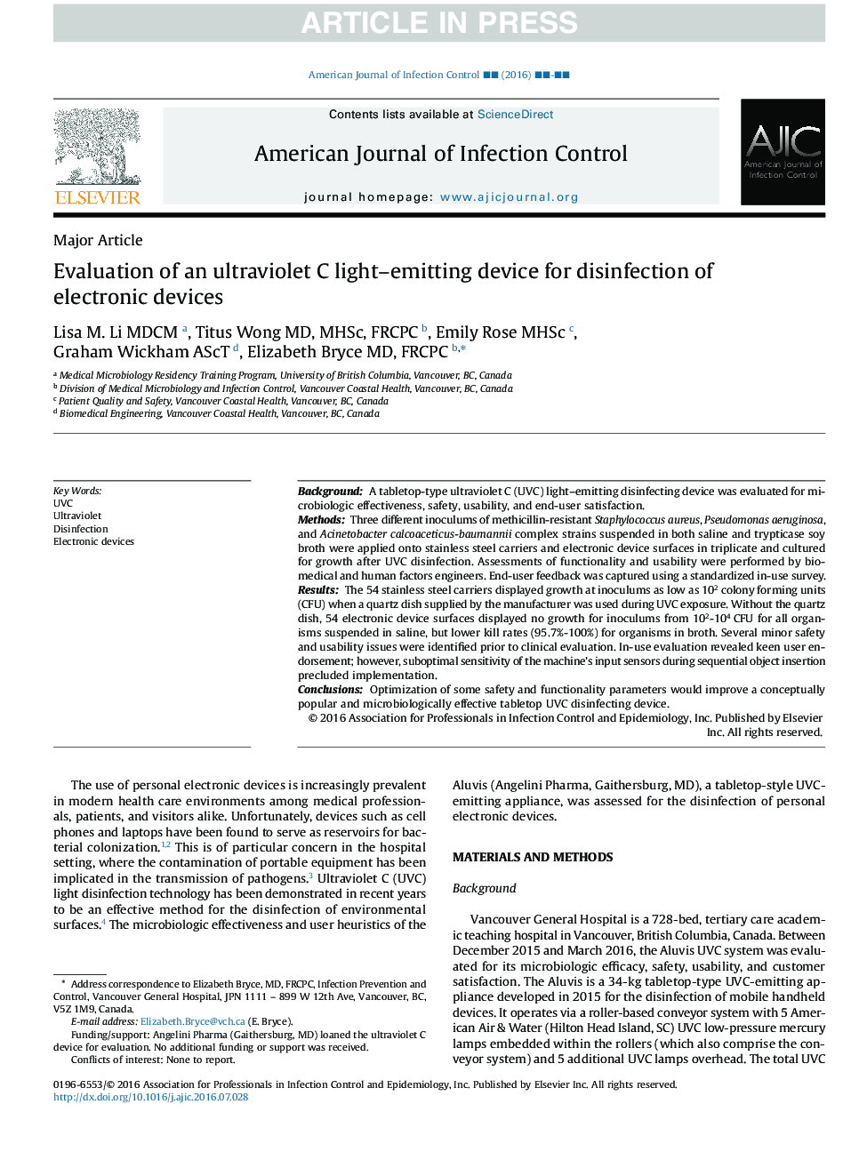 Evaluation of an ultraviolet C light-emitting device for disinfection of electronic devices