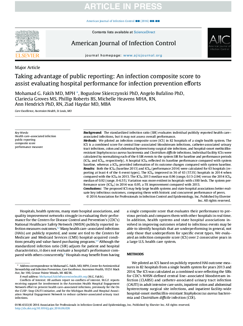 Taking advantage of public reporting: An infection composite score to assist evaluating hospital performance for infection prevention efforts