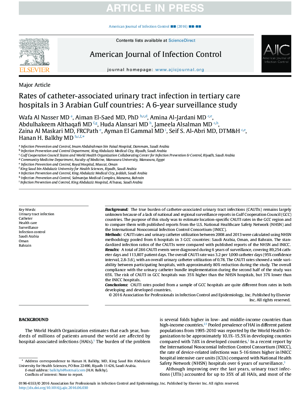 نرخ عفونت ادراری مرتبط با کاتتر در بیمارستان های مراقبت های عالی در سه کشور کشورهای خلیج عربی: یک مطالعه 6 ساله نظارت 