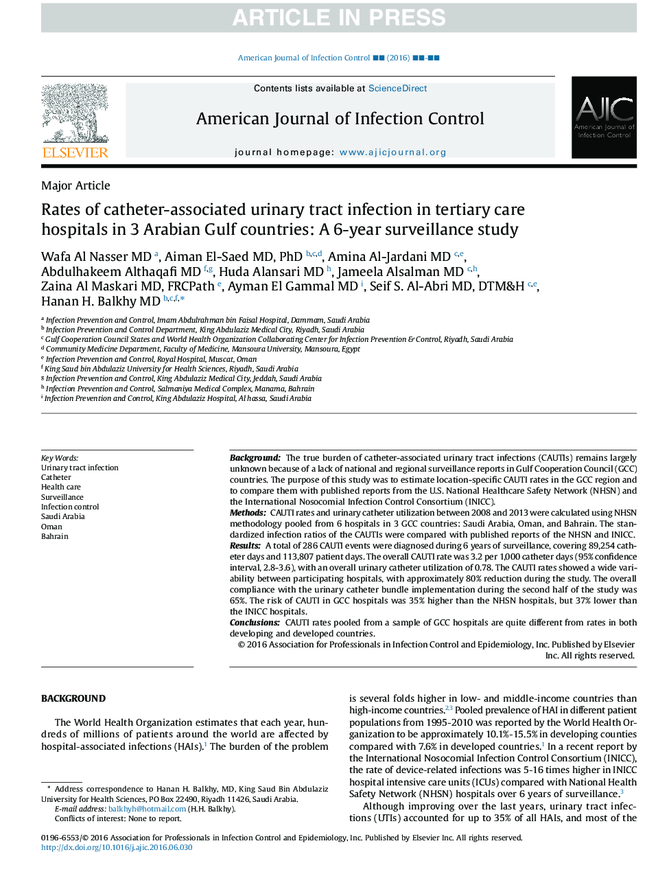 Rates of catheter-associated urinary tract infection in tertiary care hospitals in 3 Arabian Gulf countries: A 6-year surveillance study