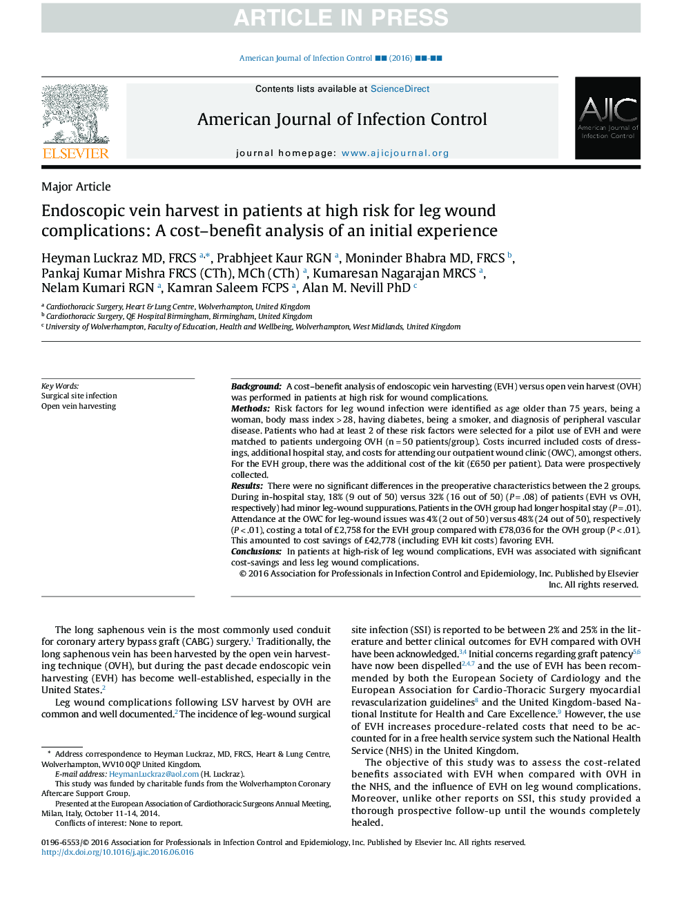 Endoscopic vein harvest in patients at high risk for leg wound complications: A cost-benefit analysis of an initial experience