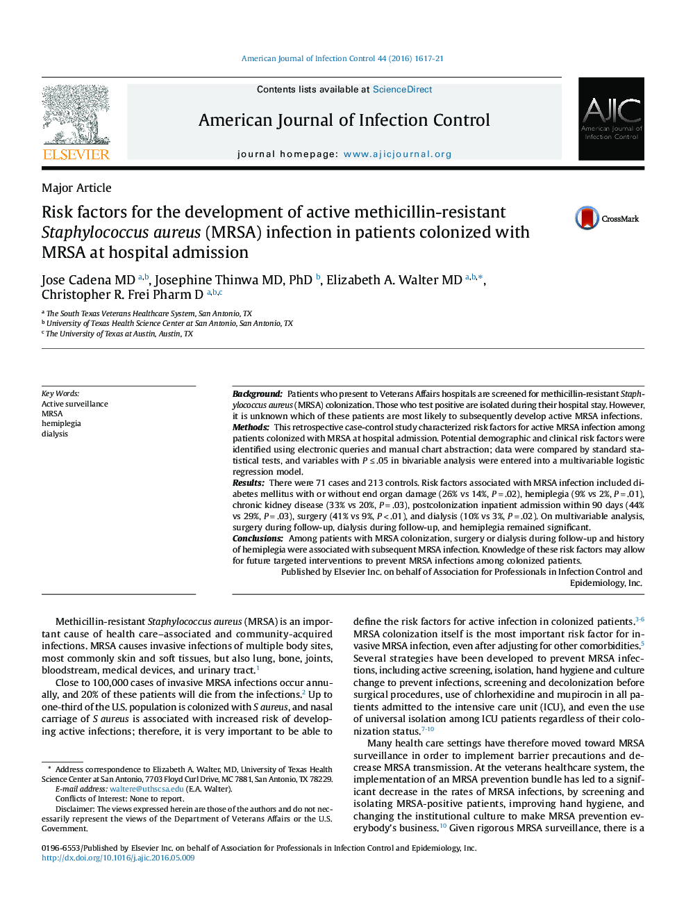 Risk factors for the development of active methicillin-resistant Staphylococcus aureus (MRSA) infection in patients colonized with MRSA at hospital admission