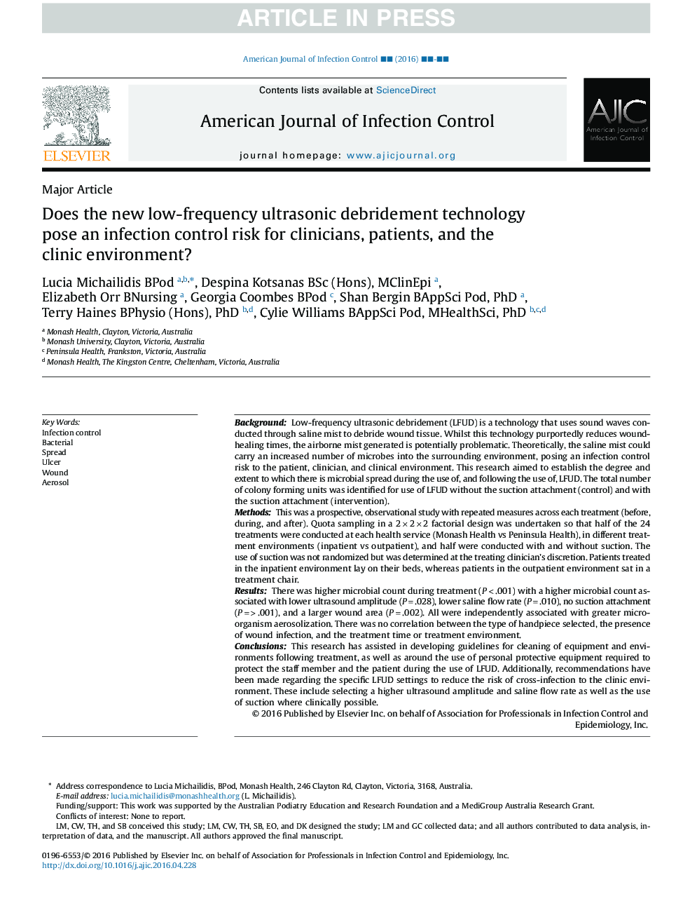 Does the new low-frequency ultrasonic debridement technology pose an infection control risk for clinicians, patients, and the clinic environment?