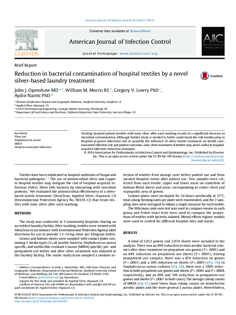 Reduction in bacterial contamination of hospital textiles by a novel silver-based laundry treatment 