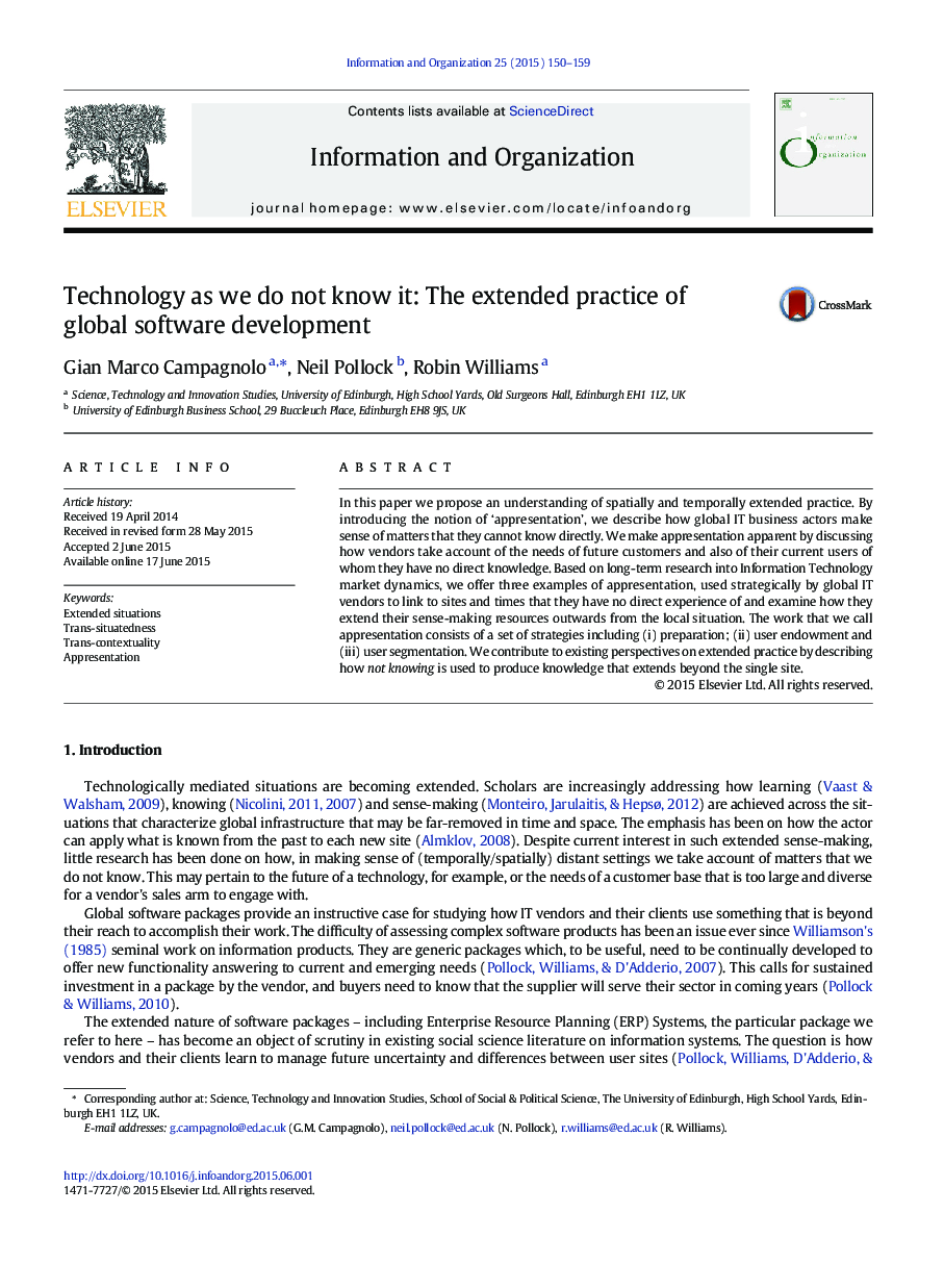 Technology as we do not know it: The extended practice of global software development