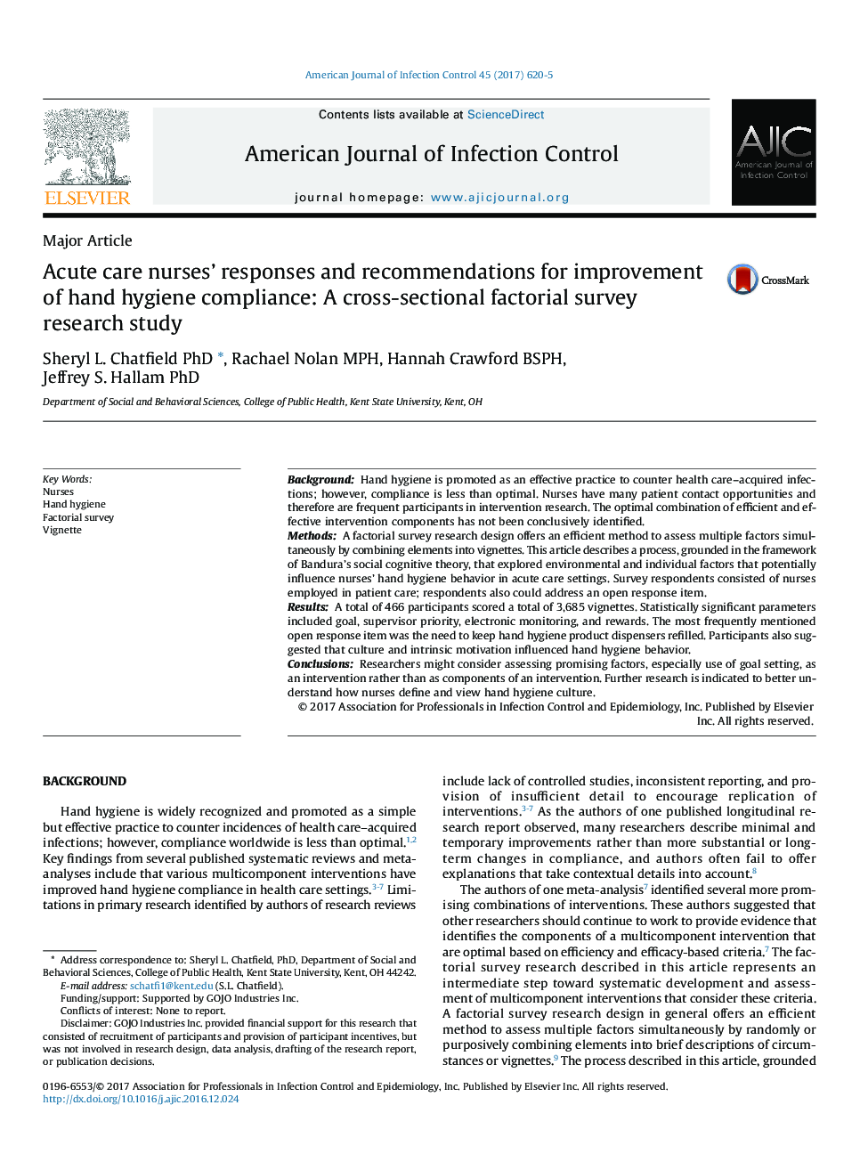 Acute care nurses' responses and recommendations for improvement of hand hygiene compliance: A cross-sectional factorial survey research study