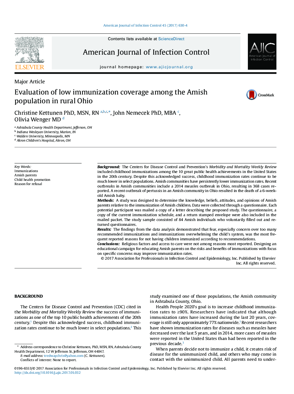 Evaluation of low immunization coverage among the Amish population in rural Ohio