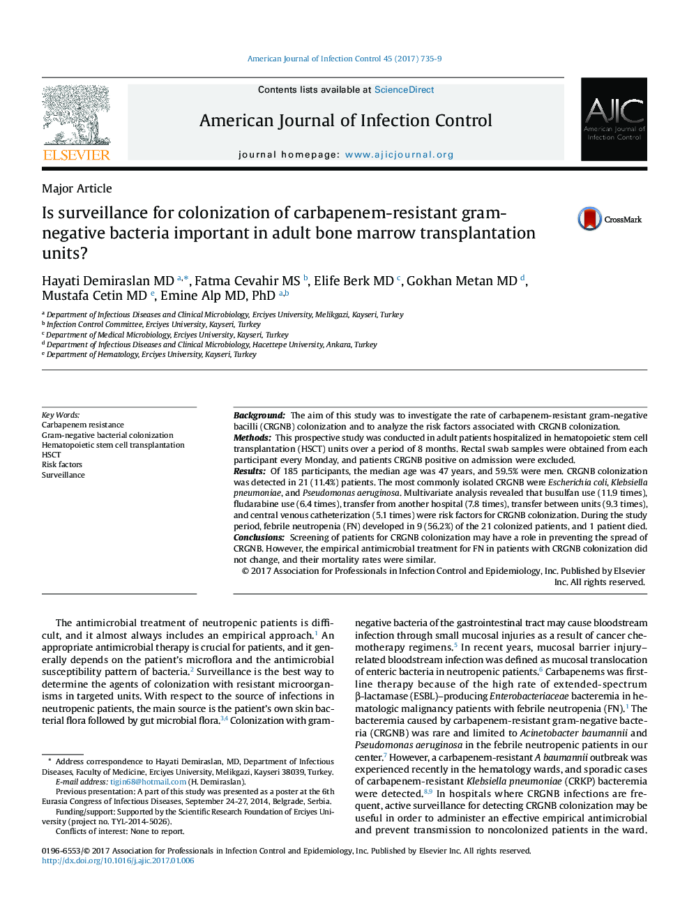 Is surveillance for colonization of carbapenem-resistant gram-negative bacteria important in adult bone marrow transplantation units?