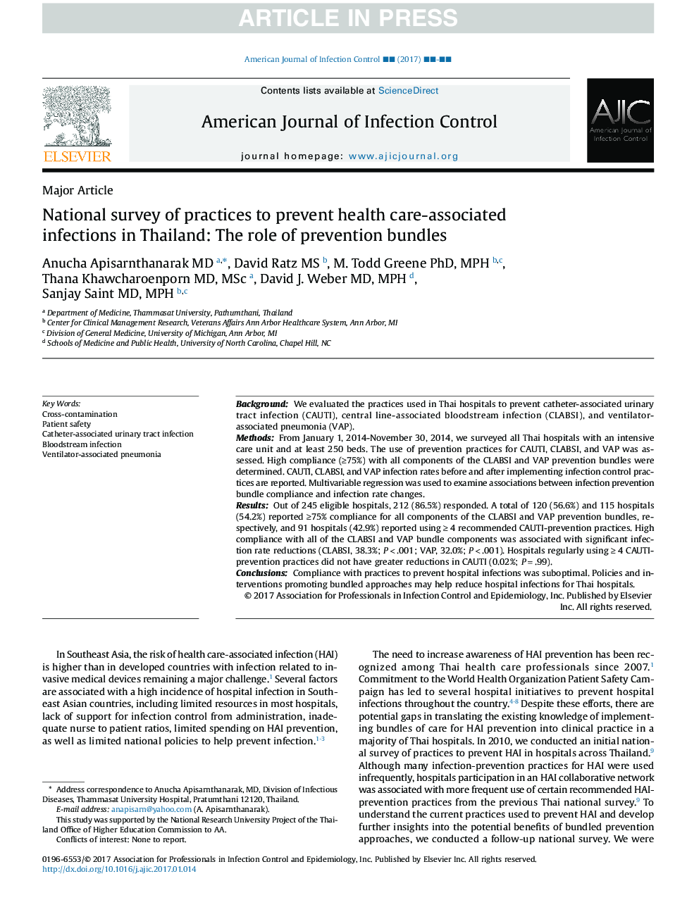 National survey of practices to prevent health care-associated infections in Thailand: The role of prevention bundles