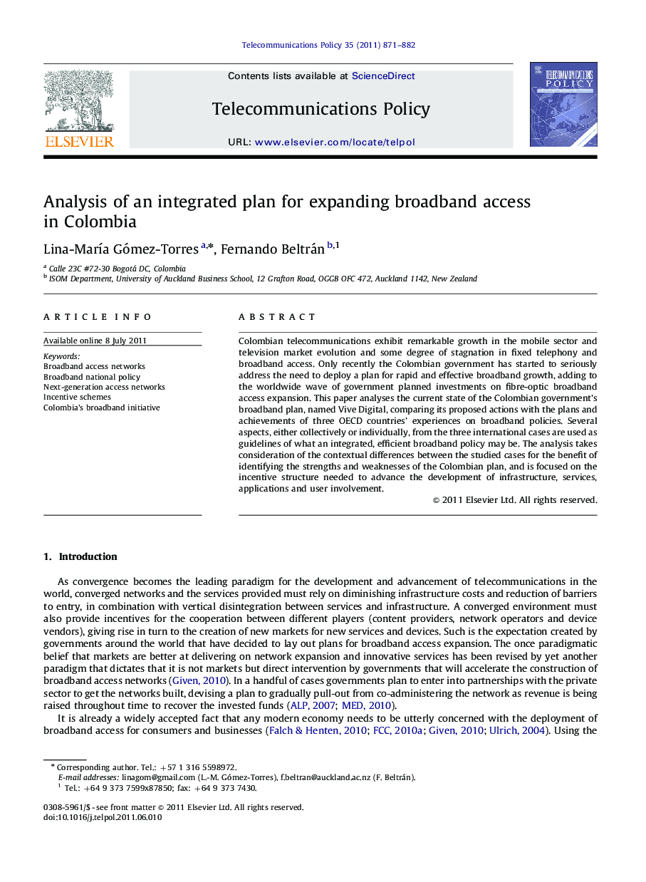 Analysis of an integrated plan for expanding broadband access in Colombia