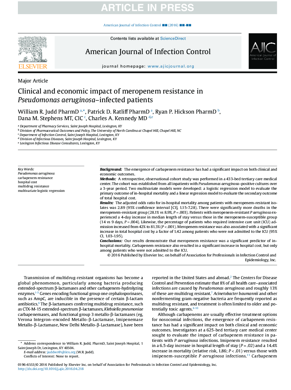 Clinical and economic impact of meropenem resistance in Pseudomonas aeruginosa-infected patients