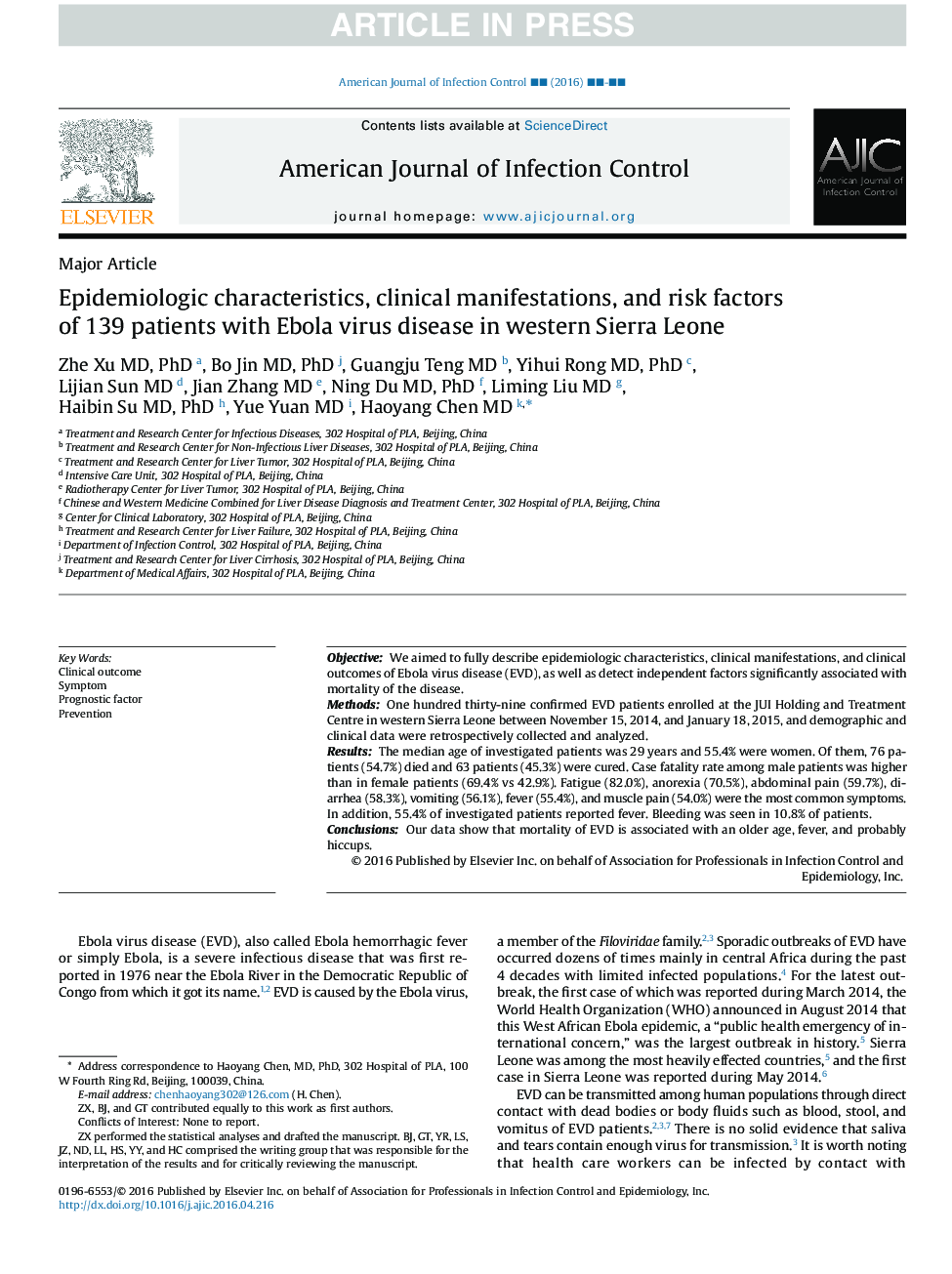 Epidemiologic characteristics, clinical manifestations, and risk factors of 139 patients with Ebola virus disease in western Sierra Leone