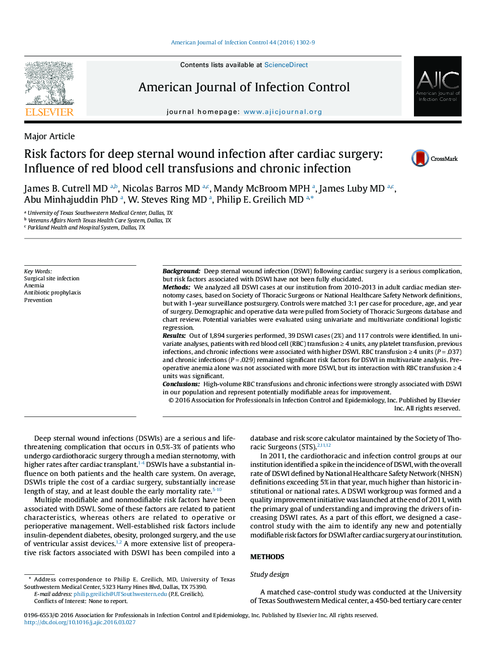 Risk factors for deep sternal wound infection after cardiac surgery: Influence of red blood cell transfusions and chronic infection