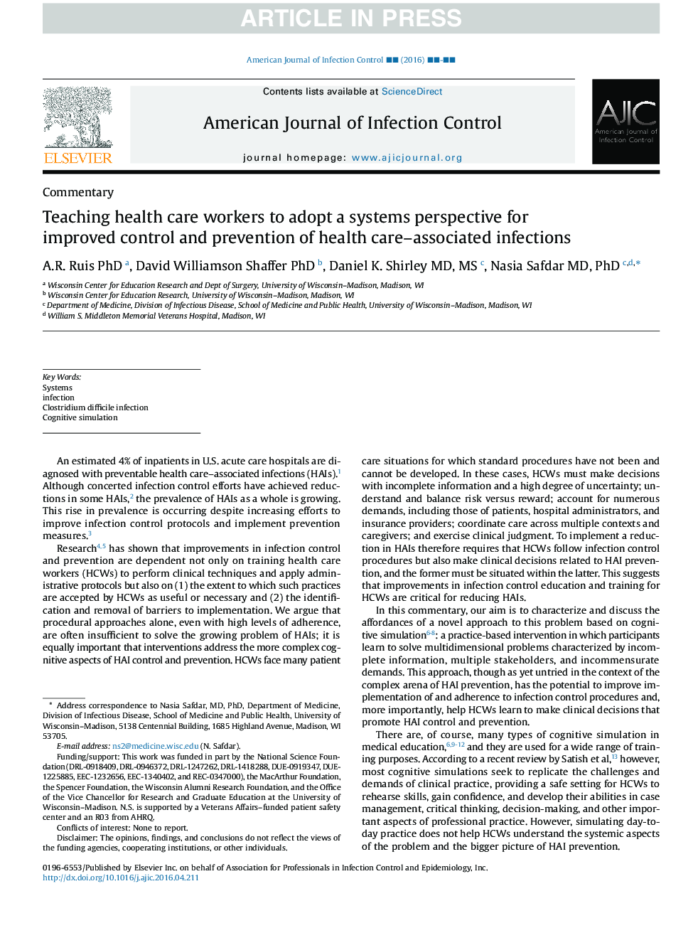 Teaching health care workers to adopt a systems perspective for improved control and prevention of health care-associated infections