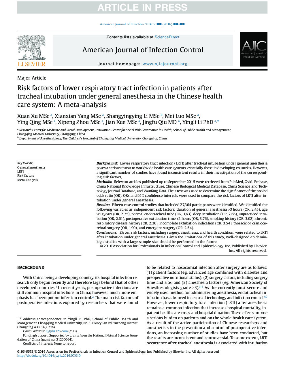 Risk factors of lower respiratory tract infection in patients after tracheal intubation under general anesthesia in the Chinese health care system: A meta-analysis