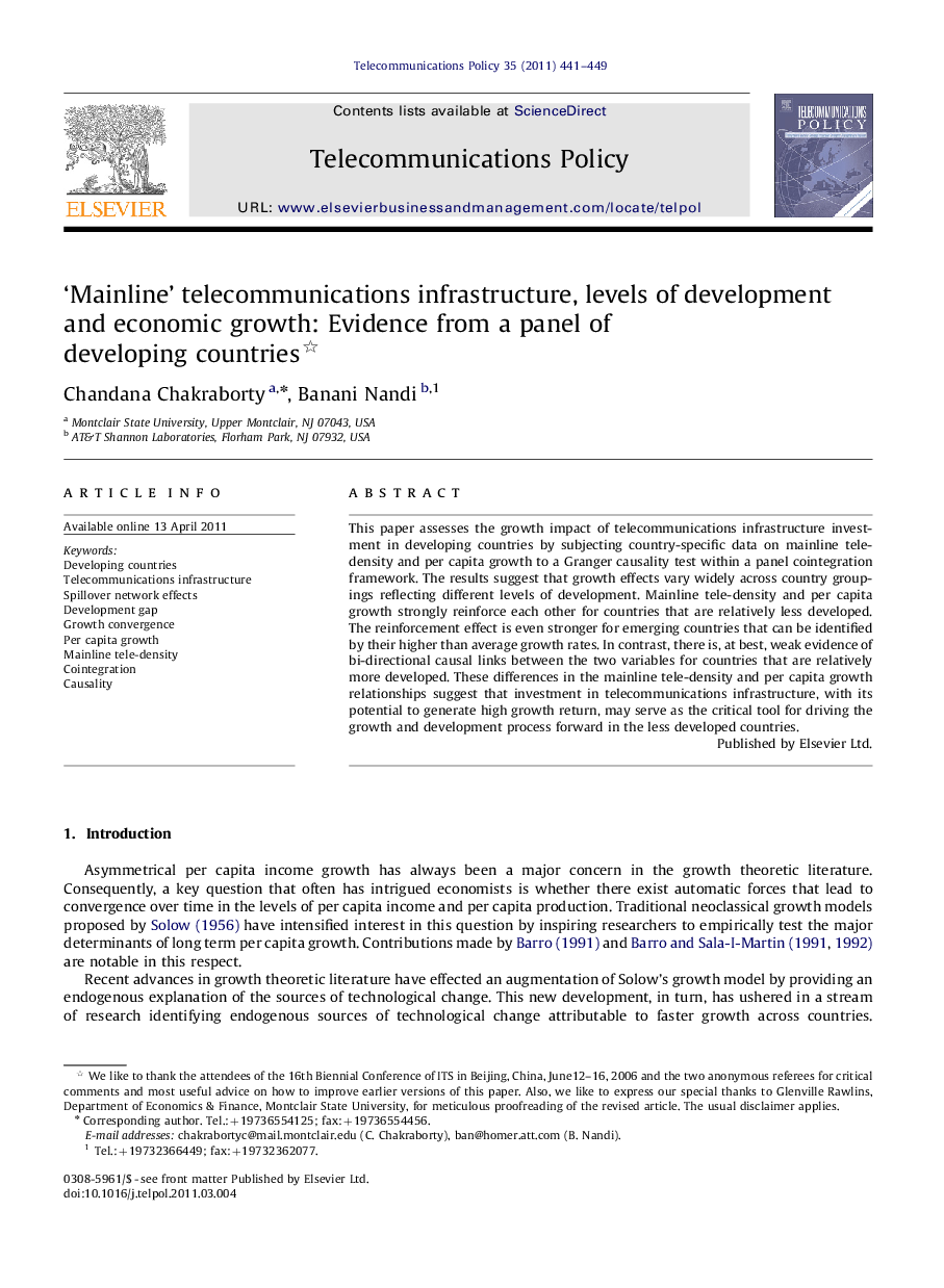 ‘Mainline’ telecommunications infrastructure, levels of development and economic growth: Evidence from a panel of developing countries 