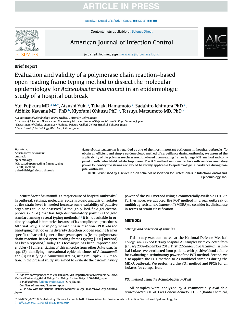 Evaluation and validity of a polymerase chain reaction-based open reading frame typing method to dissect the molecular epidemiology for Acinetobacter baumannii in an epidemiologic study of a hospital outbreak