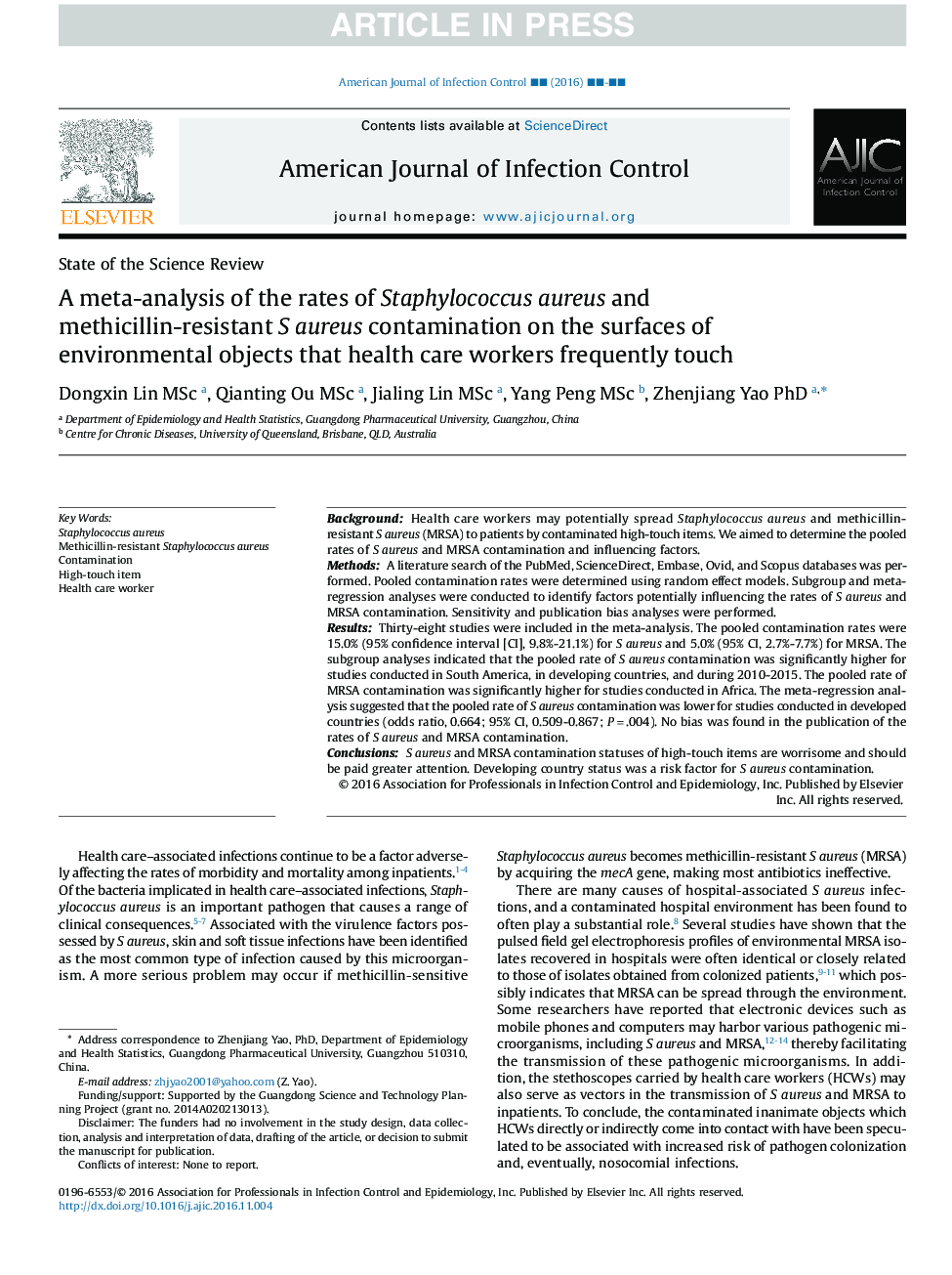 A meta-analysis of the rates of Staphylococcus aureus and methicillin-resistant S aureus contamination on the surfaces of environmental objects that health care workers frequently touch