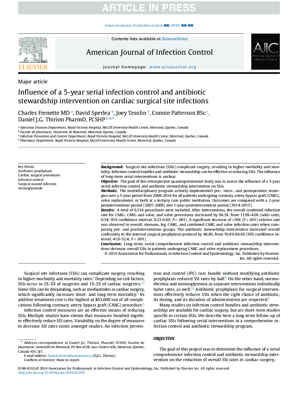 Influence of a 5-year serial infection control and antibiotic stewardship intervention on cardiac surgical site infections