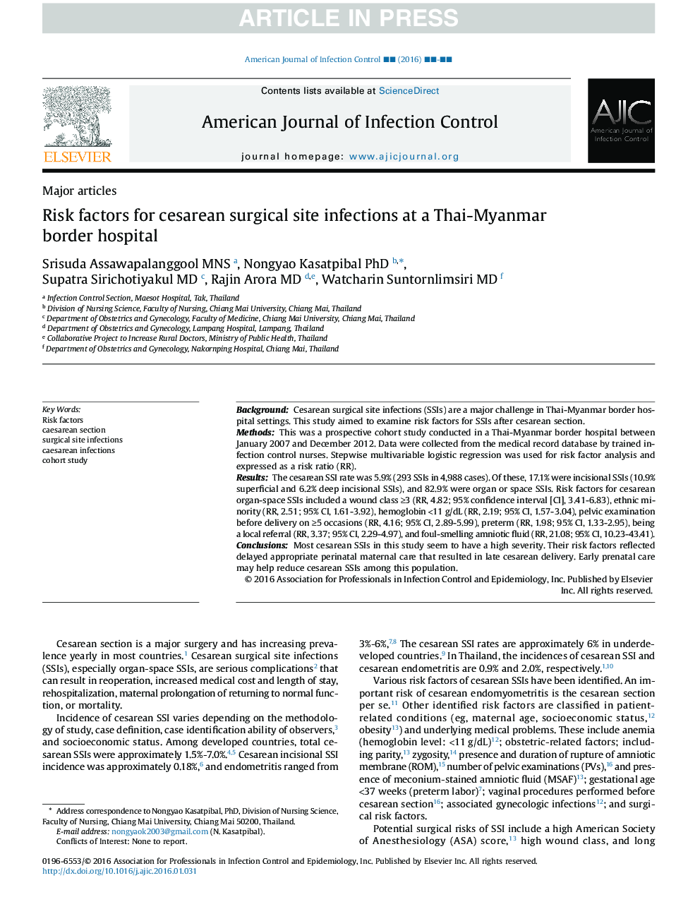 Risk factors for cesarean surgical site infections at a Thai-Myanmar border hospital