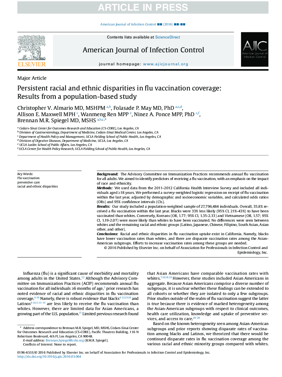 Persistent racial and ethnic disparities in flu vaccination coverage: Results from a population-based study