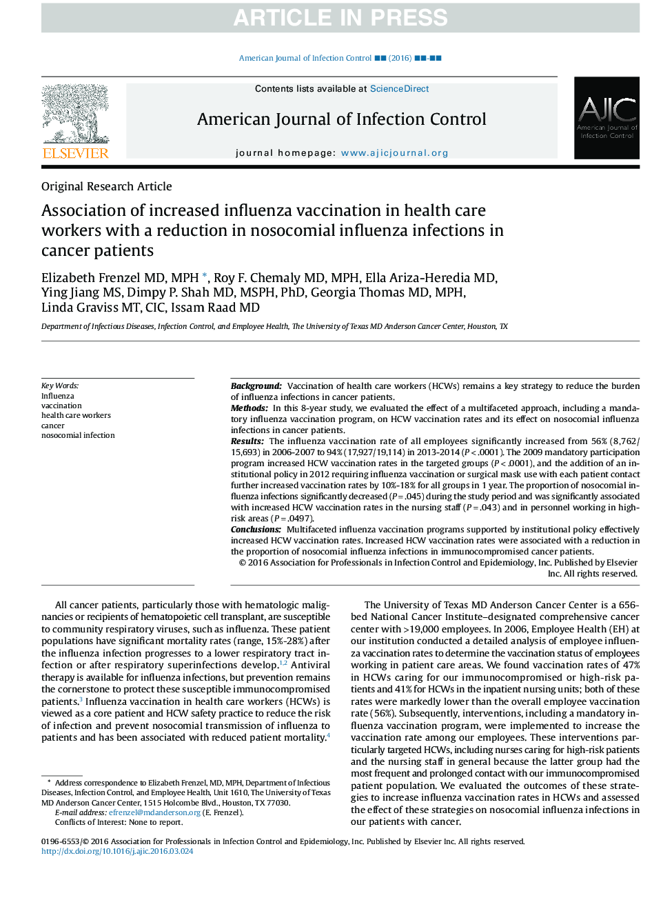 Association of increased influenza vaccination in health care workers with a reduction in nosocomial influenza infections in cancer patients