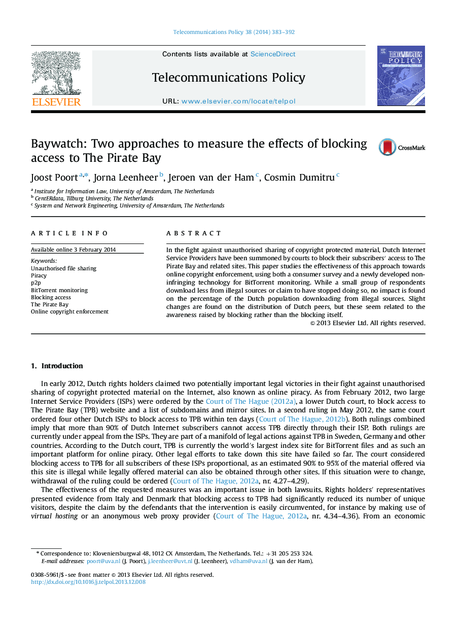Baywatch: Two approaches to measure the effects of blocking access to The Pirate Bay