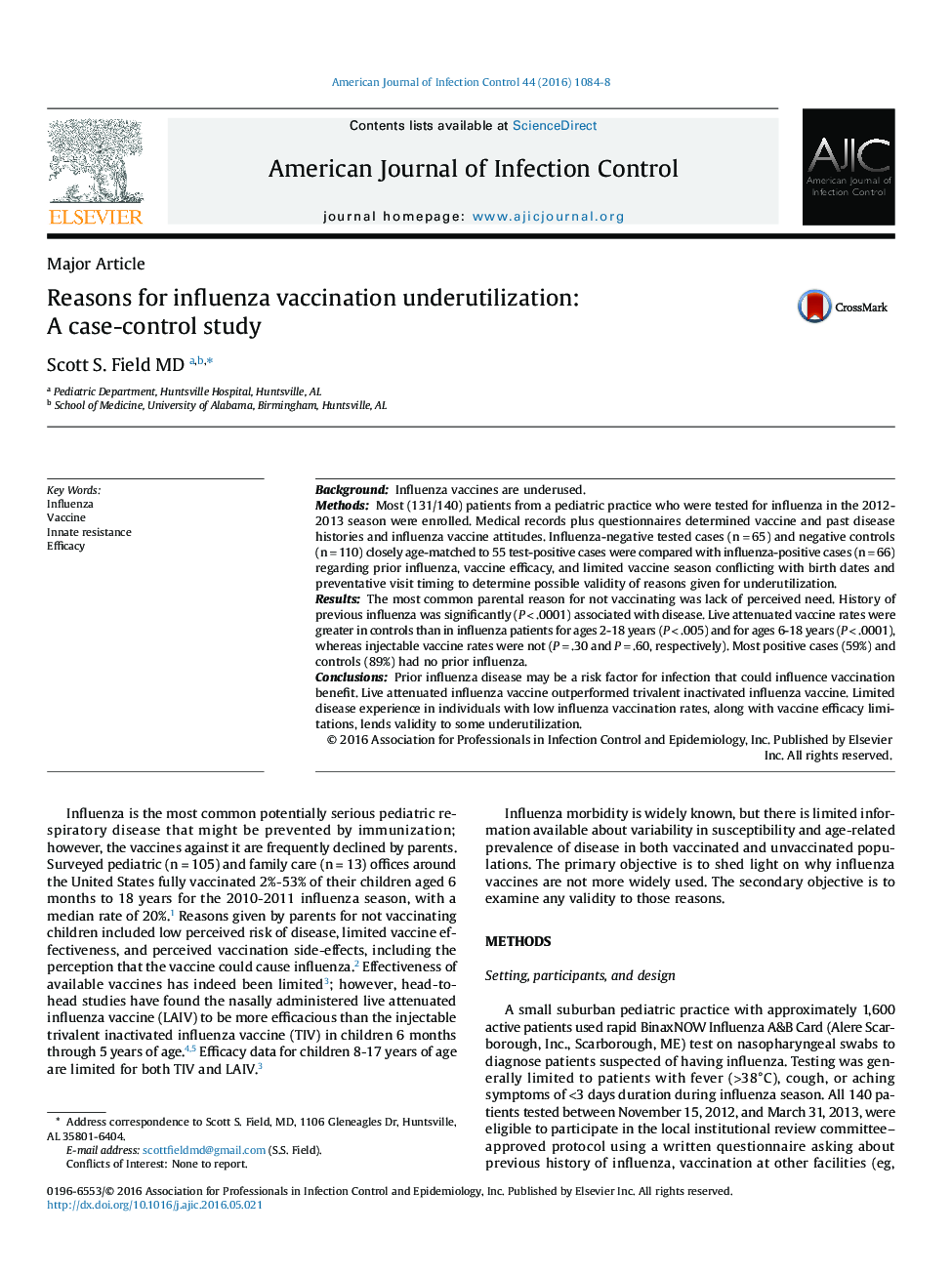 Reasons for influenza vaccination underutilization: A case-control study 