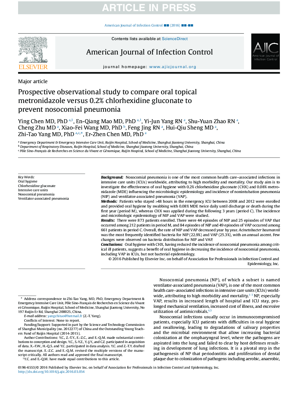 Prospective observational study to compare oral topical metronidazole versus 0.2% chlorhexidine gluconate to prevent nosocomial pneumonia