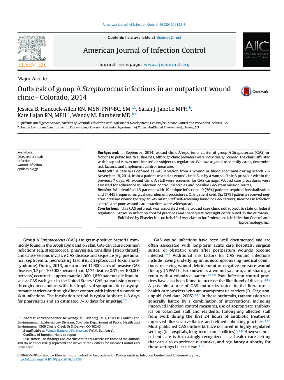 Outbreak of group A Streptococcus infections in an outpatient wound clinic-Colorado, 2014