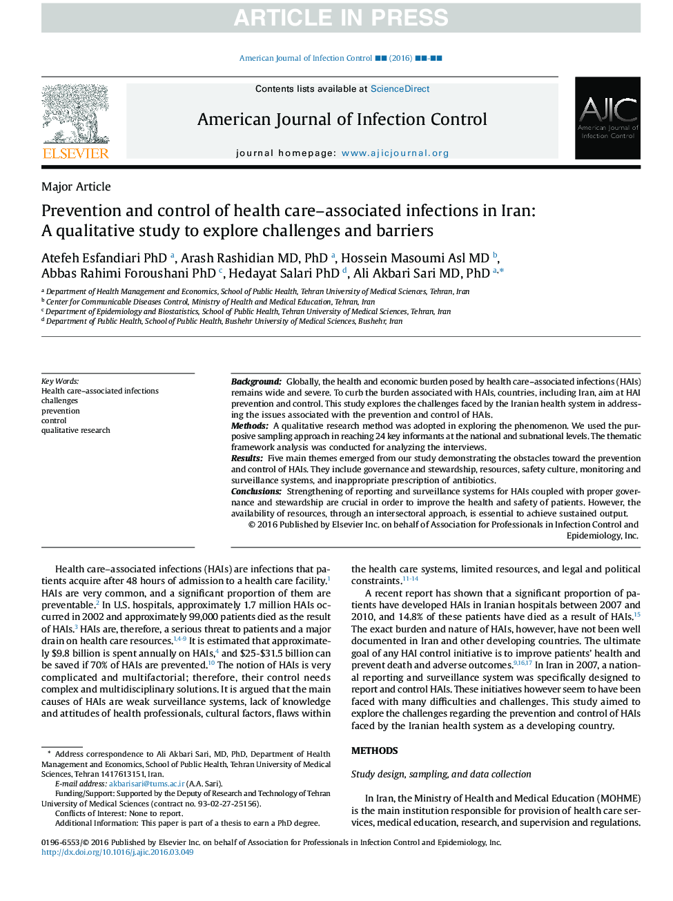 Prevention and control of health care-associated infections in Iran: A qualitative study to explore challenges and barriers