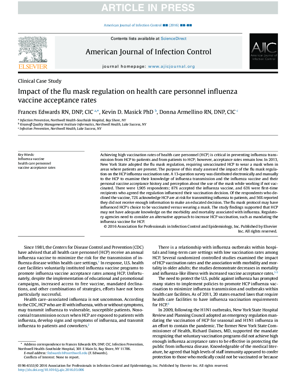 Impact of the flu mask regulation on health care personnel influenza vaccine acceptance rates