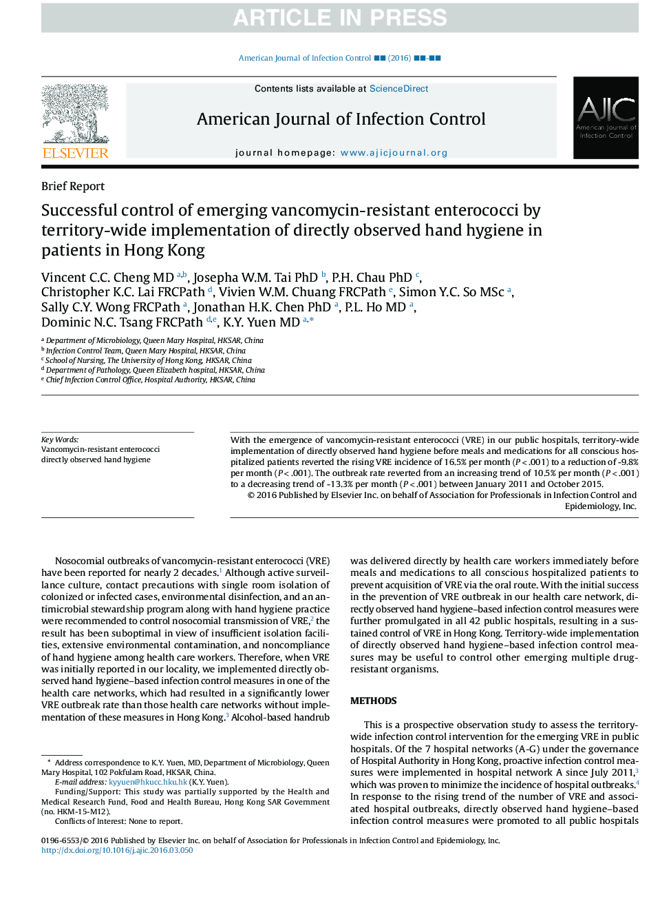 کنترل موفقیت آمیز انتروکوک مقاوم در برابر ونکومایسین با استفاده از تطبیق دقیق بهداشت دست در بیماران در هنگ کنگ 