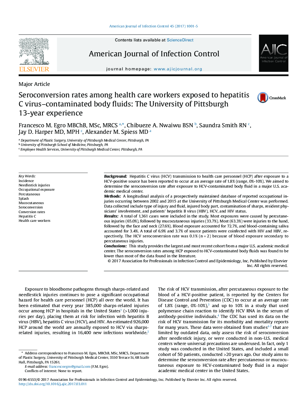 Seroconversion rates among health care workers exposed to hepatitis C virus-contaminated body fluids: The University of Pittsburgh 13-year experience