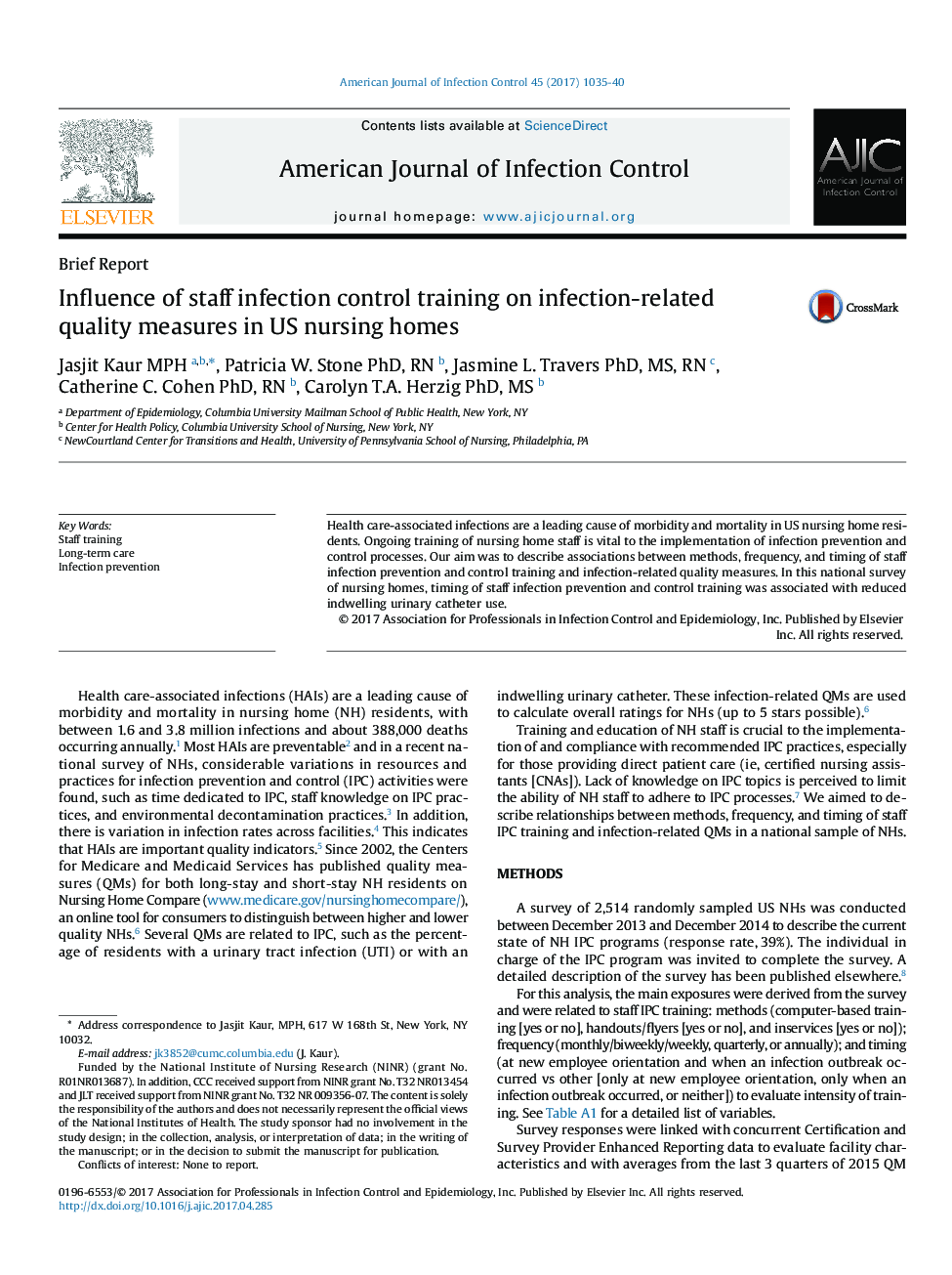 Influence of staff infection control training on infection-related quality measures in US nursing homes