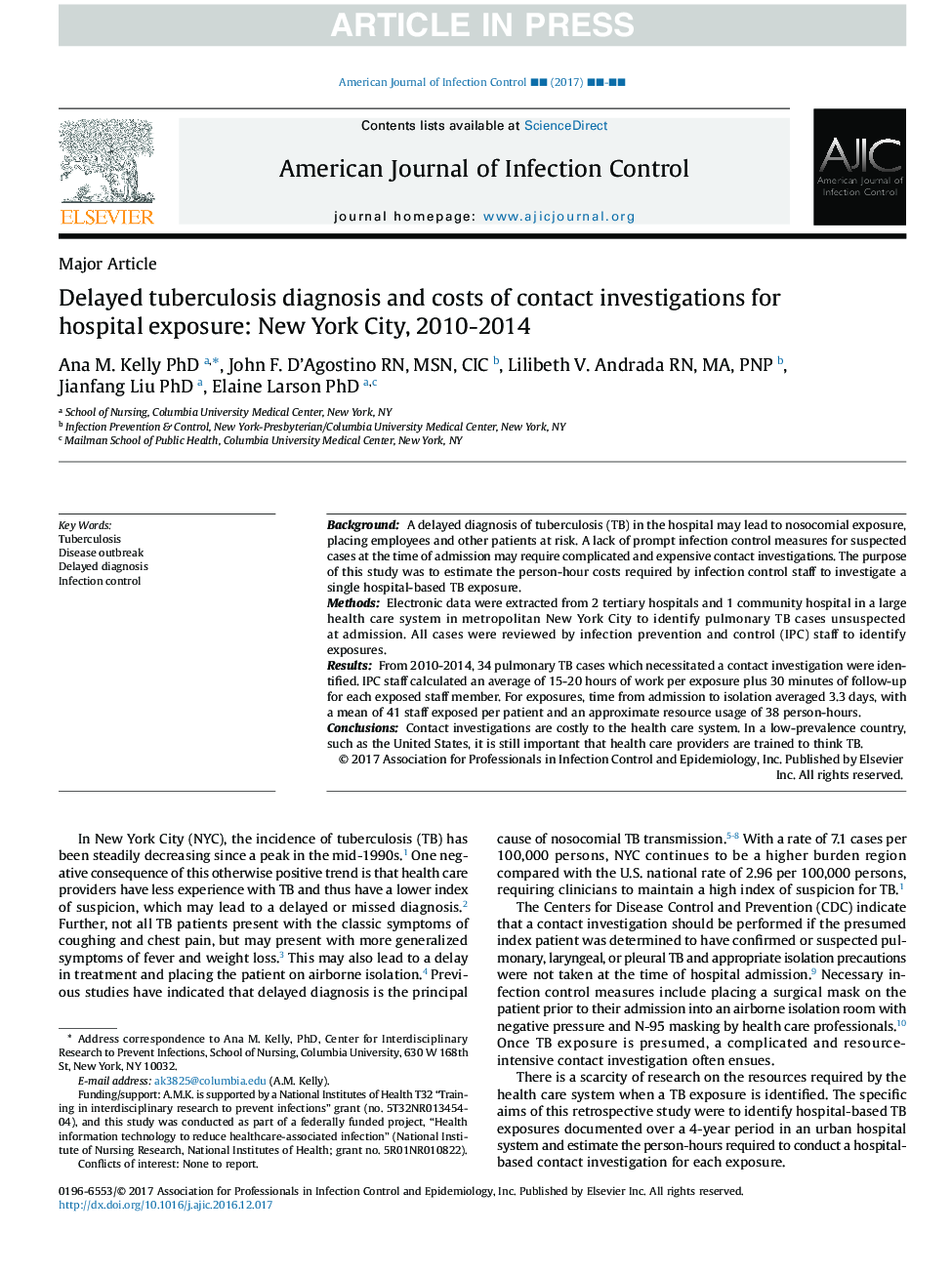 تشخیص سل باردار و هزینه های تحقیقات تماس برای قرار گرفتن در معرض بیمارستان: شهر نیویورک، 2010-2014 