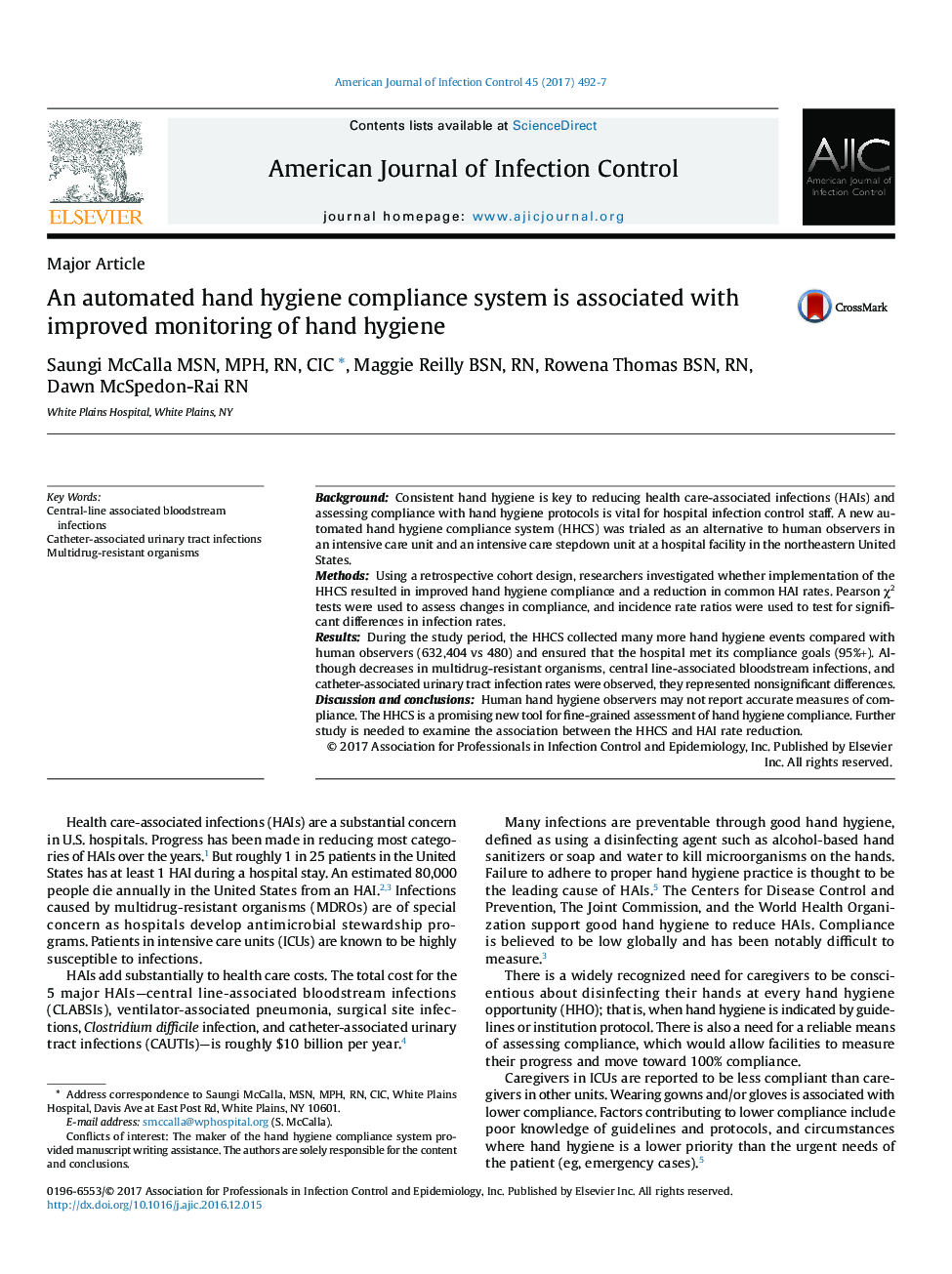 Major ArticleAn automated hand hygiene compliance system is associated with improved monitoring of hand hygiene