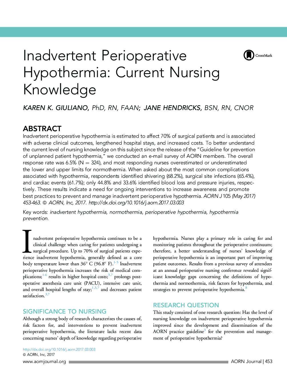 Inadvertent Perioperative Hypothermia: Current Nursing Knowledge