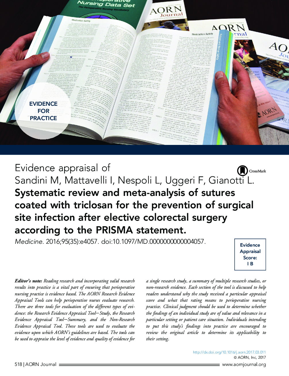 Evidence appraisal of Sandini M, Mattavelli I, Nespoli L, Uggeri F, Gianotti L. Systematic review and meta-analysis of sutures coated with triclosan for the prevention of surgical site infection after elective colorectal surgery according to the PRISMA st
