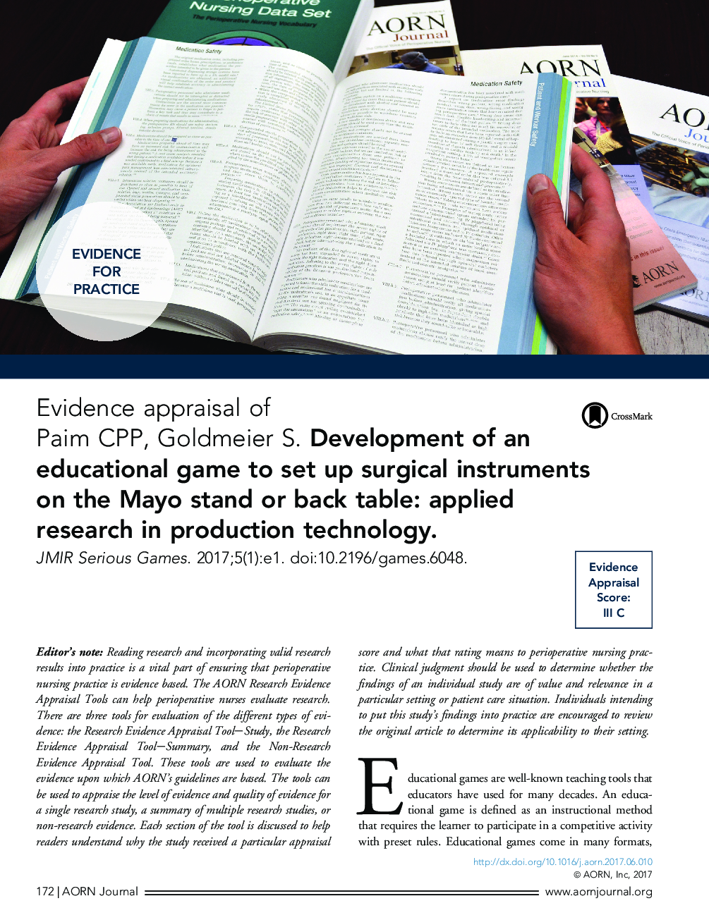 عکس صفحه اول مقاله: Evidence appraisal of Paim CPP, Goldmeier S. Development of an educational game to set up surgical instruments on the Mayo stand or back table: applied research in production technology. Evidence appraisal of Paim CPP, Goldmeier S. Development of an educational game to set up surgical instruments on the Mayo stand or back table: applied research in production technology.