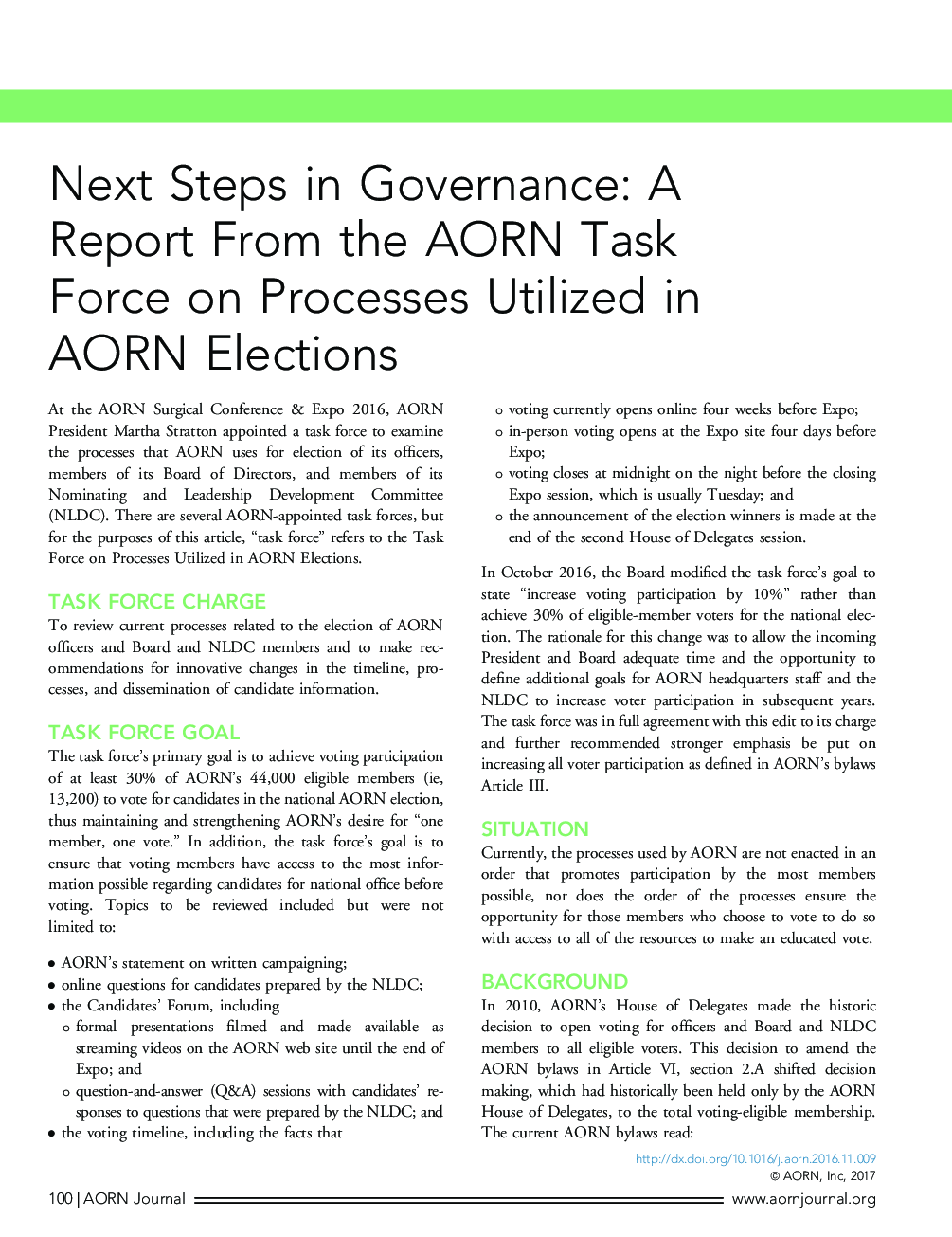 عکس صفحه اول مقاله: Next Steps in Governance: A Report From the AORN Task Force on Processes Utilized in AORNÂ Elections Next Steps in Governance: A Report From the AORN Task Force on Processes Utilized in AORNÂ Elections