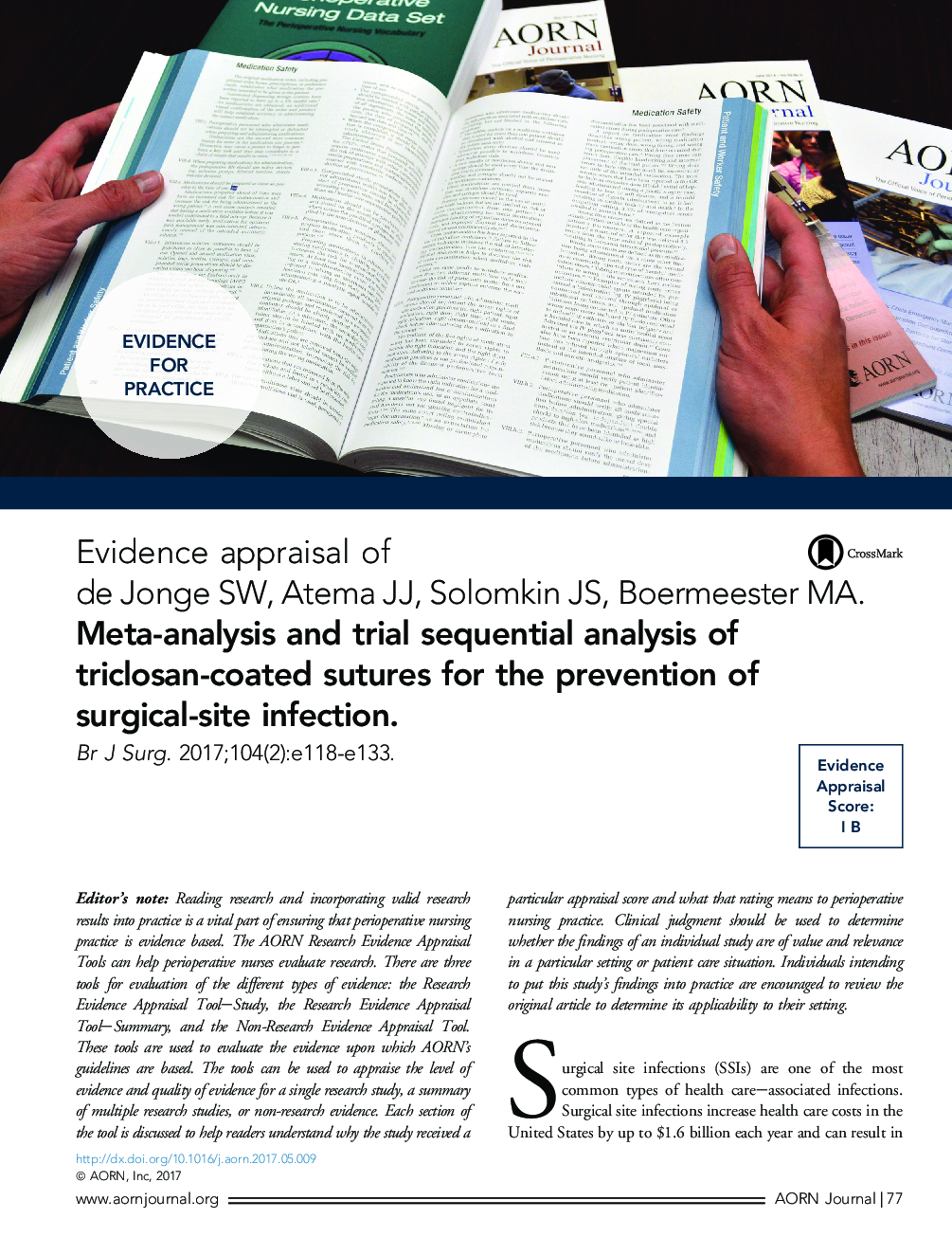 عکس صفحه اول مقاله: Evidence appraisal of de Jonge SW, Atema JJ, Solomkin JS, Boermeester MA. Meta-analysis and trial sequential analysis of triclosan-coated sutures for the prevention of surgical-site infection. Evidence appraisal of de Jonge SW, Atema JJ, Solomkin JS, Boermeester MA. Meta-analysis and trial sequential analysis of triclosan-coated sutures for the prevention of surgical-site infection.