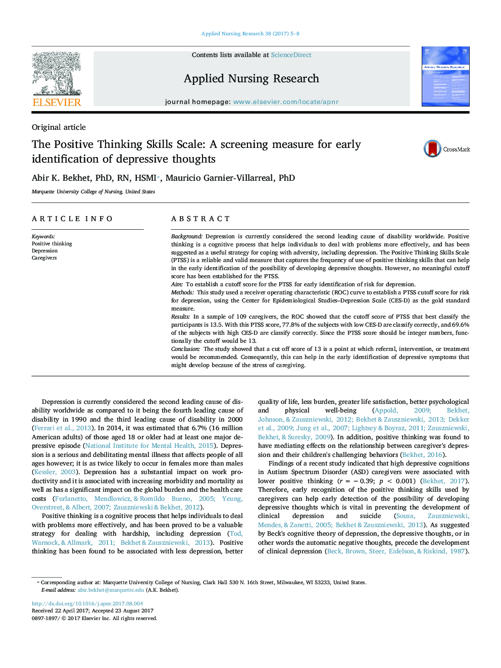 The Positive Thinking Skills Scale: A screening measure for early identification of depressive thoughts