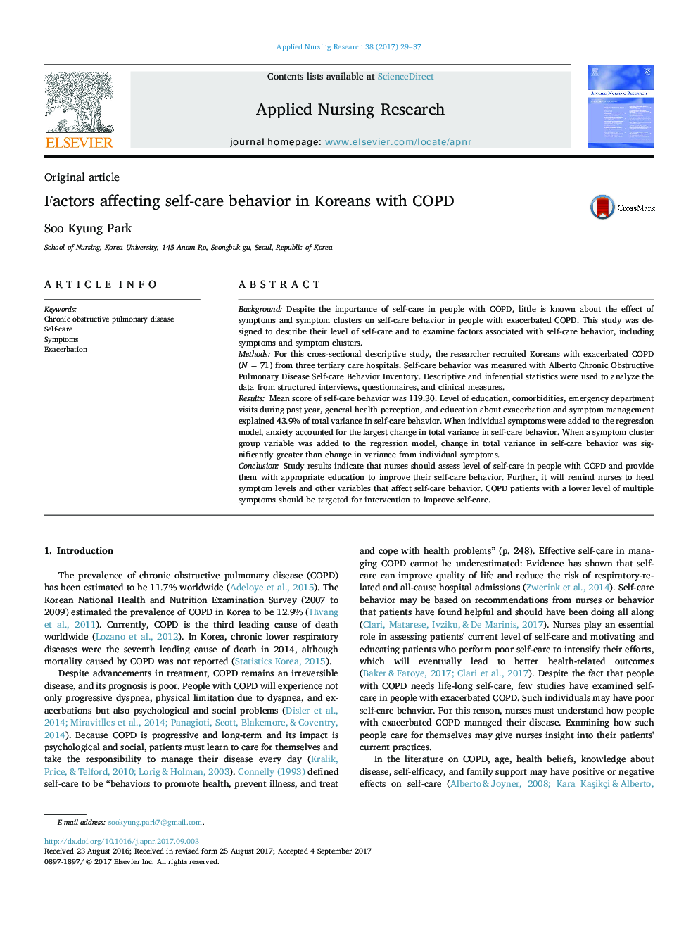 Original articleFactors affecting self-care behavior in Koreans with COPD